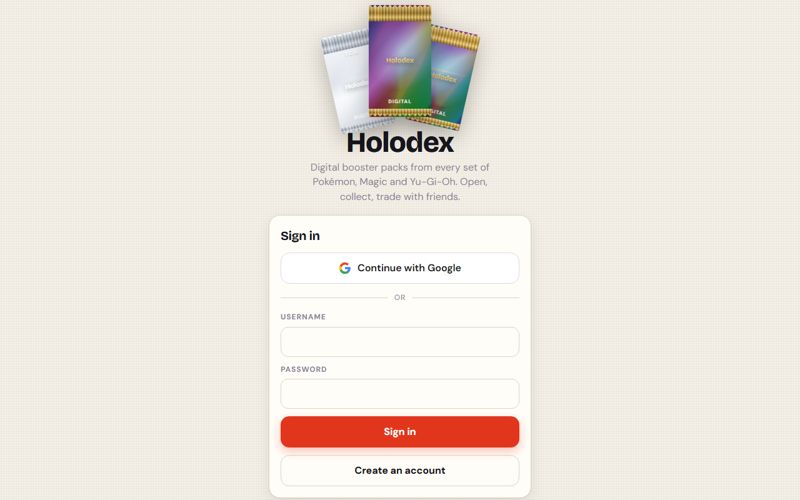 Holodex sign-in page with booster packs