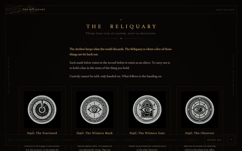 The Reliquary, gold sigils on black